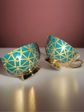 Teal and Gold Geometric Porcelain Tea Cups - Set of 2 2 plates